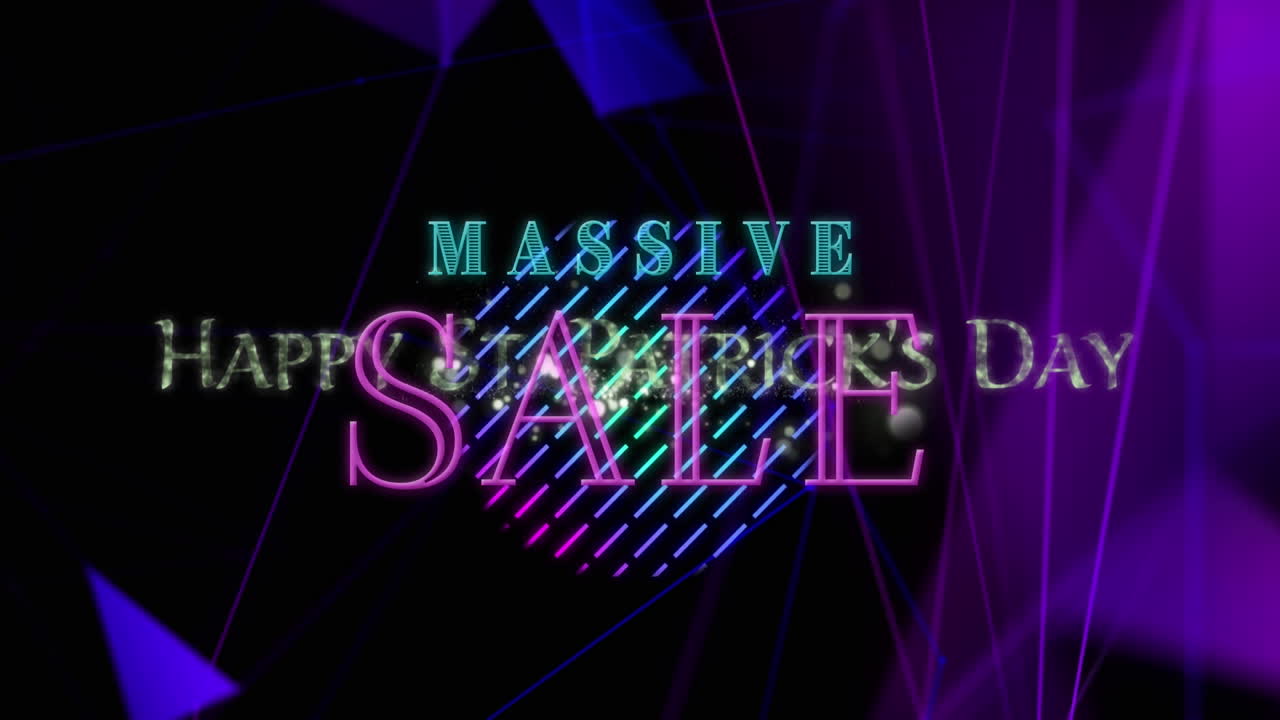 검은색 바탕에 불꽃놀이와 모양에 대한 대규모 판매 텍스트의 애니메이션.