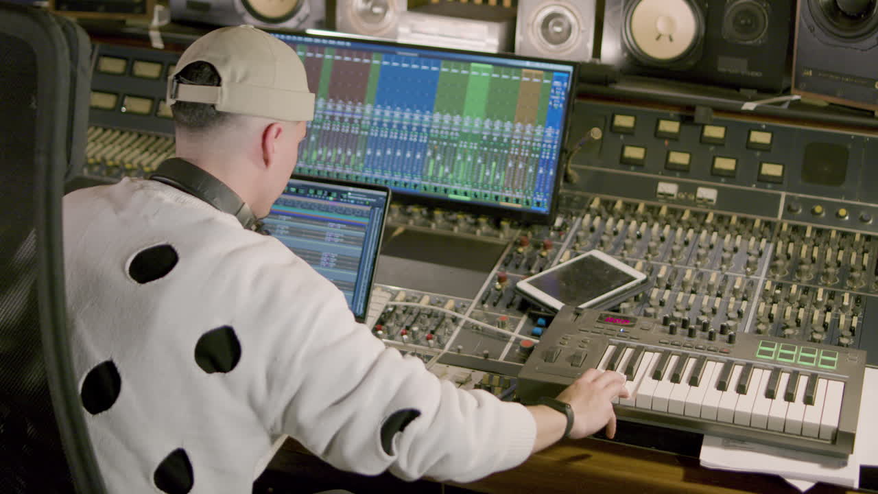 Young Caucasian man working at music recording studio