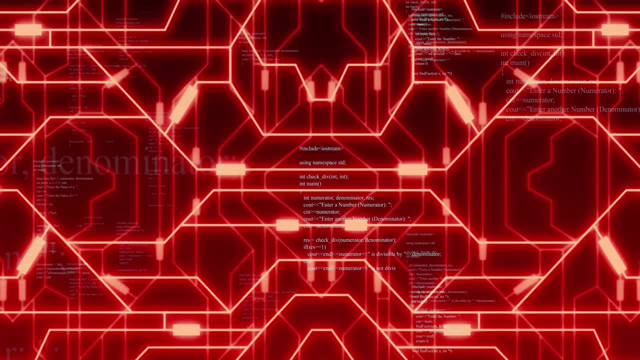 적색과 검은색 공간에서 통합 회로를 통해 이동하는 데이터 처리의 애니메이션