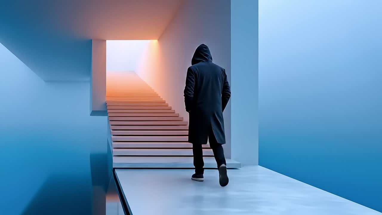 A man in a hooded jacket walking down a stairway in a dark room