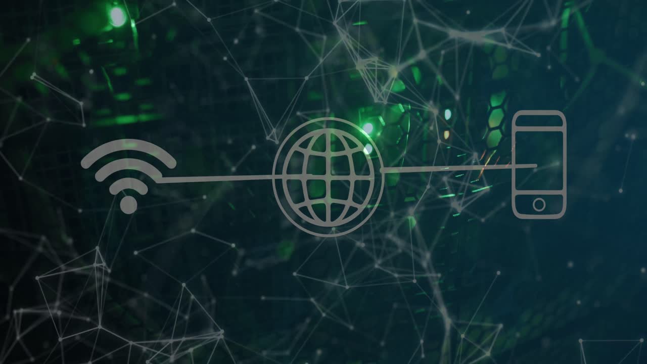 animación de los iconos de wifi, globo y teléfono inteligente en los servidores