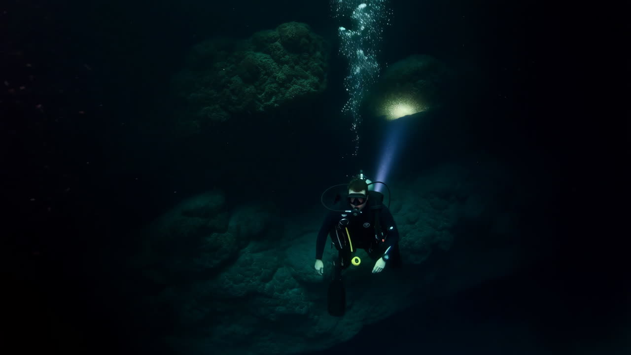 Scuba Diver Exploring a Dark Underwater Cave