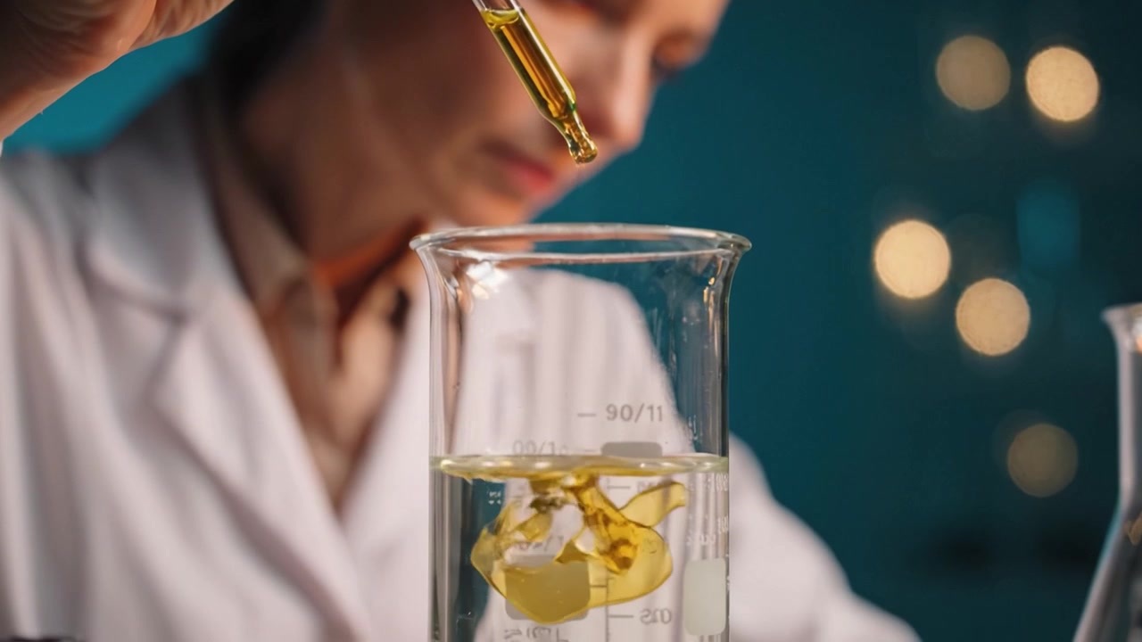 Um cientista adiciona meticulosamente uma gota precisa de líquido de uma pipeta em um béquer, demonstrando o delicado processo de experimentação química em um laboratório