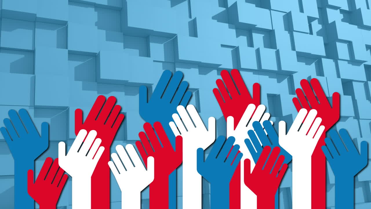 추상적인 모양의 배경 위에 색, 빨간색 및 파란색 손의 애니메이션