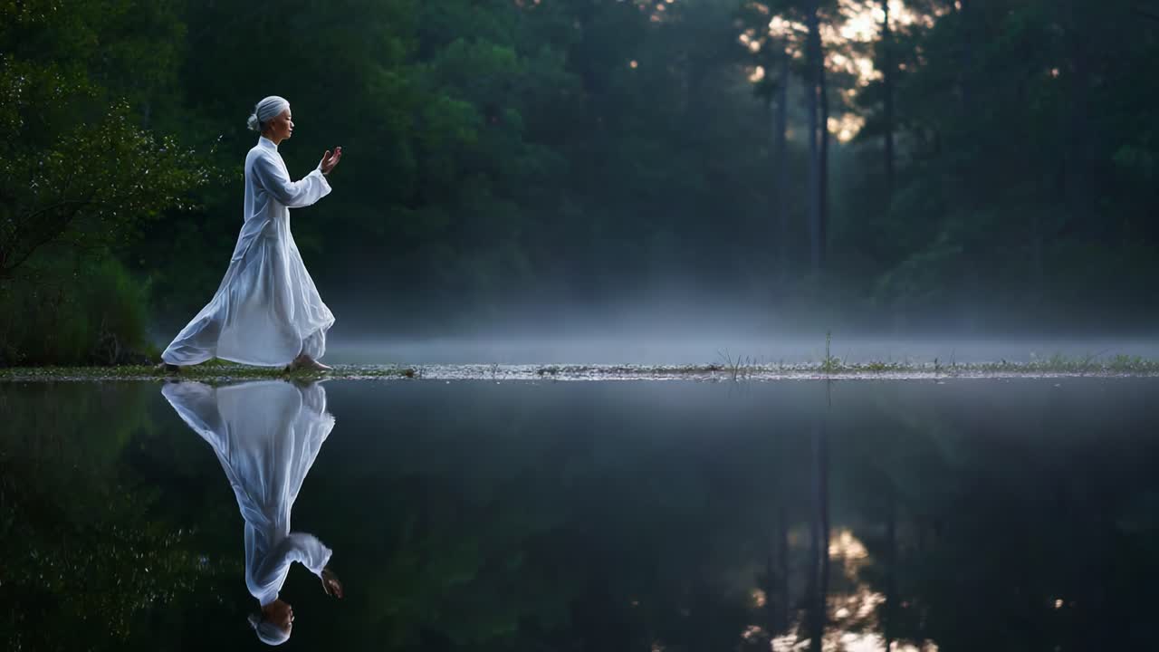 A Serene Moment by the Misty Lake: A Person Walks Gracefully Alongside a Reflective Water Surface, Surrounded by Lush Greenery and a Soft Morning Light