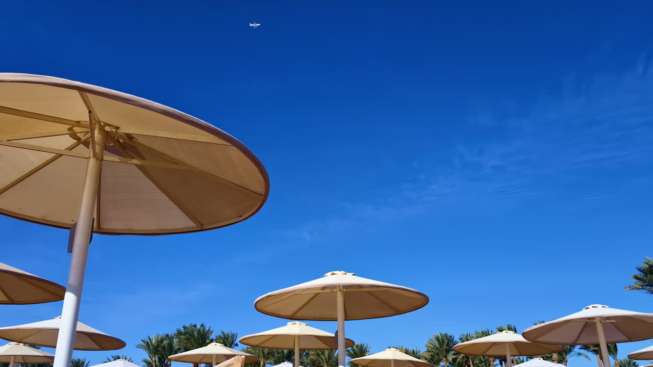 Giornata di sole in spiaggia a Sharm El-Sheikh, Egitto, durante una calda vacanza estiva sotto l'ombrellone.