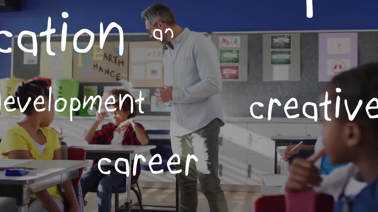 Animation of school texts over caucasian male teacher and schoolchildren in classroom