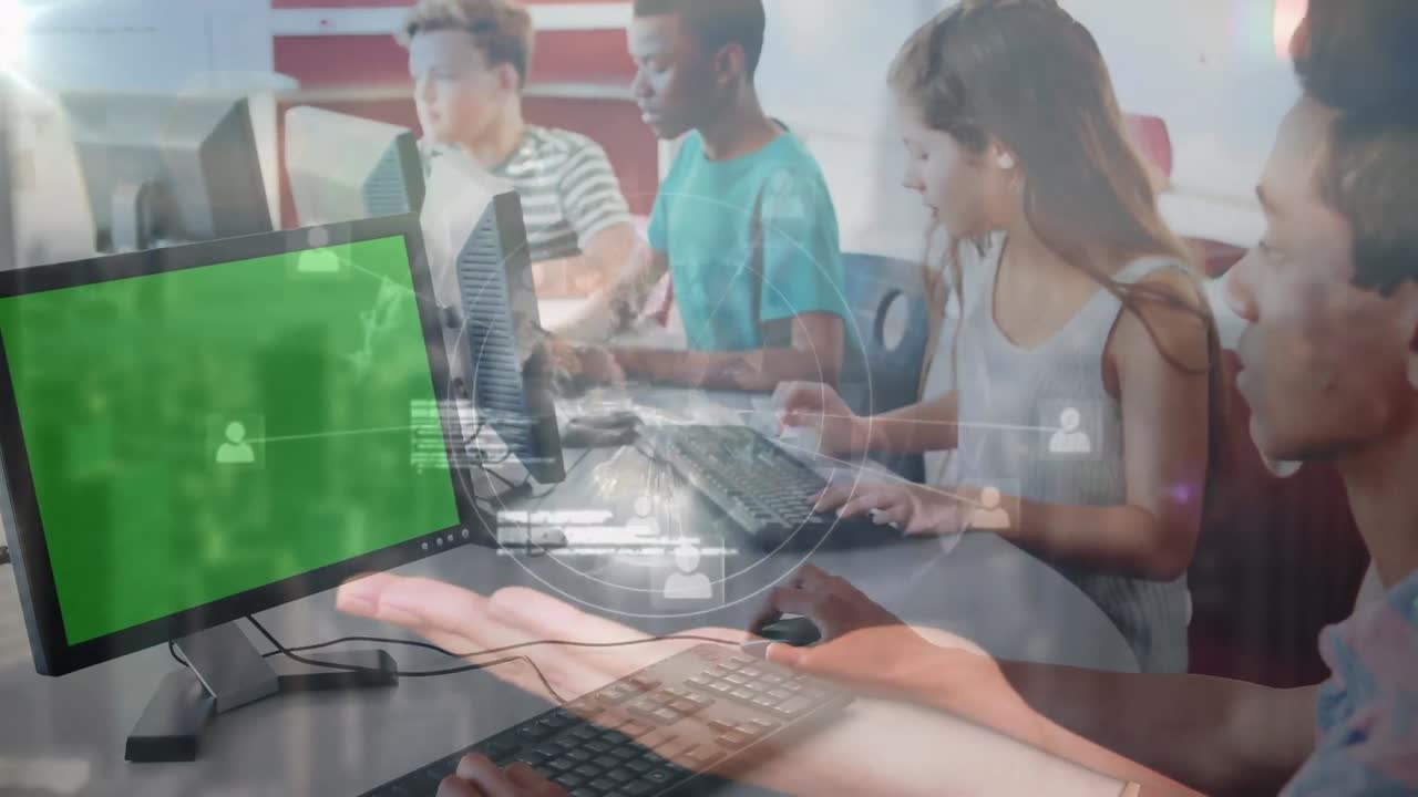 animación de números y globos sobre diversos estudiantes que trabajan en computadoras con espacio de copia