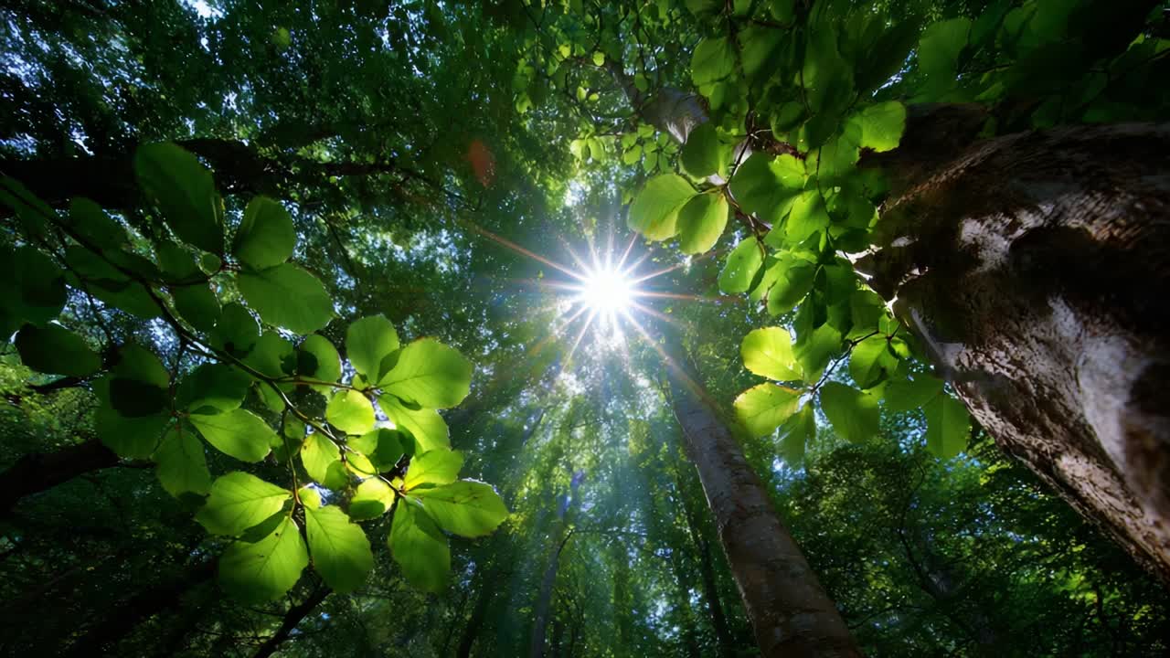 A Serene Glimpse of Nature: Captivating Sunlight Filtering Through Lush Green Leaves in a Vibrant Forest Canopy, Showcasing the Beauty of the Natural World and Its Tranquil, Peaceful Essence