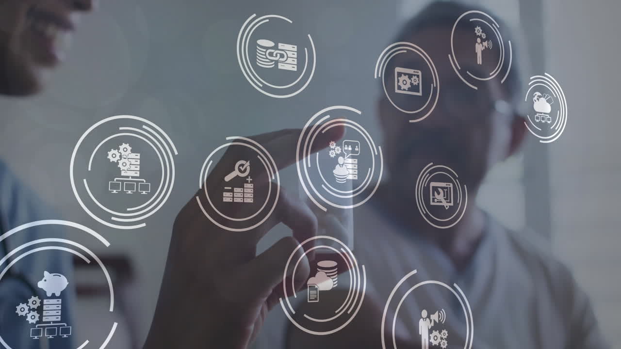 Animation of business icons over biracial female doctor talking with male patient