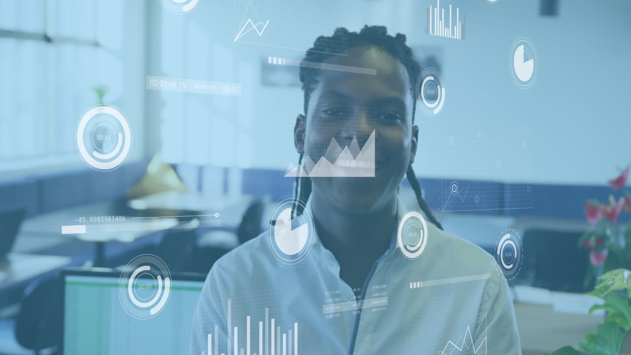 Animation of financial data processing over african american businesswoman working at office