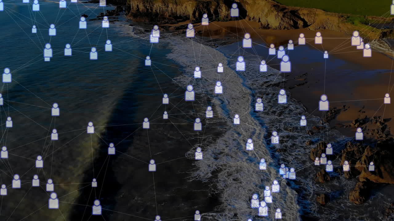 연안 풍경에 대한 연결 네트워크 및 사용자 아이콘 애니메이션