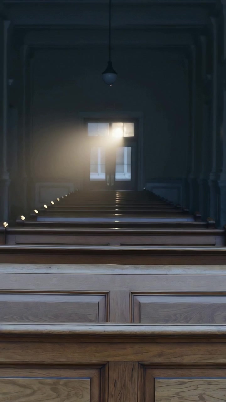 Video verticale: Persona in controluce con un cappotto scuro in una cappella, il sole che si diffonde dalla finestra illuminando i banchi