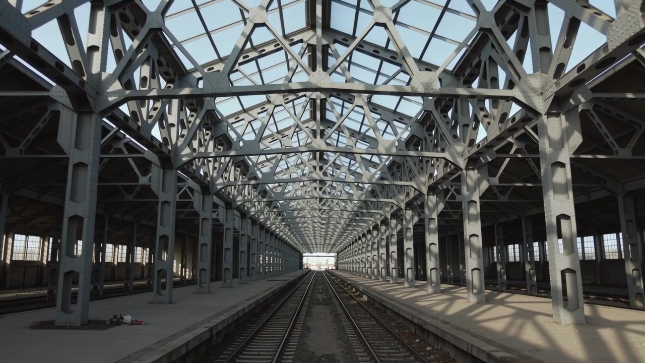 Camera shifting forward along center tracks and truss roof in shed, showing left debris