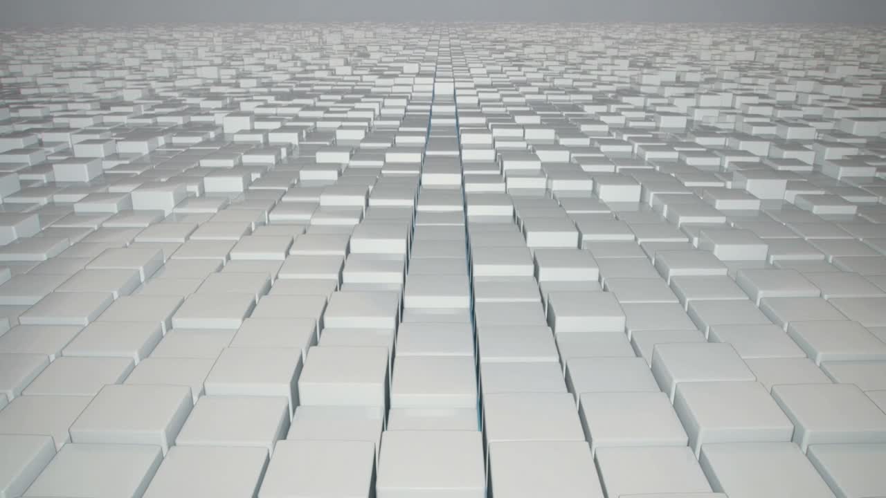 Opening frame showing white cuboid grid simulating wave motion in abstract 3D studio, blue seam