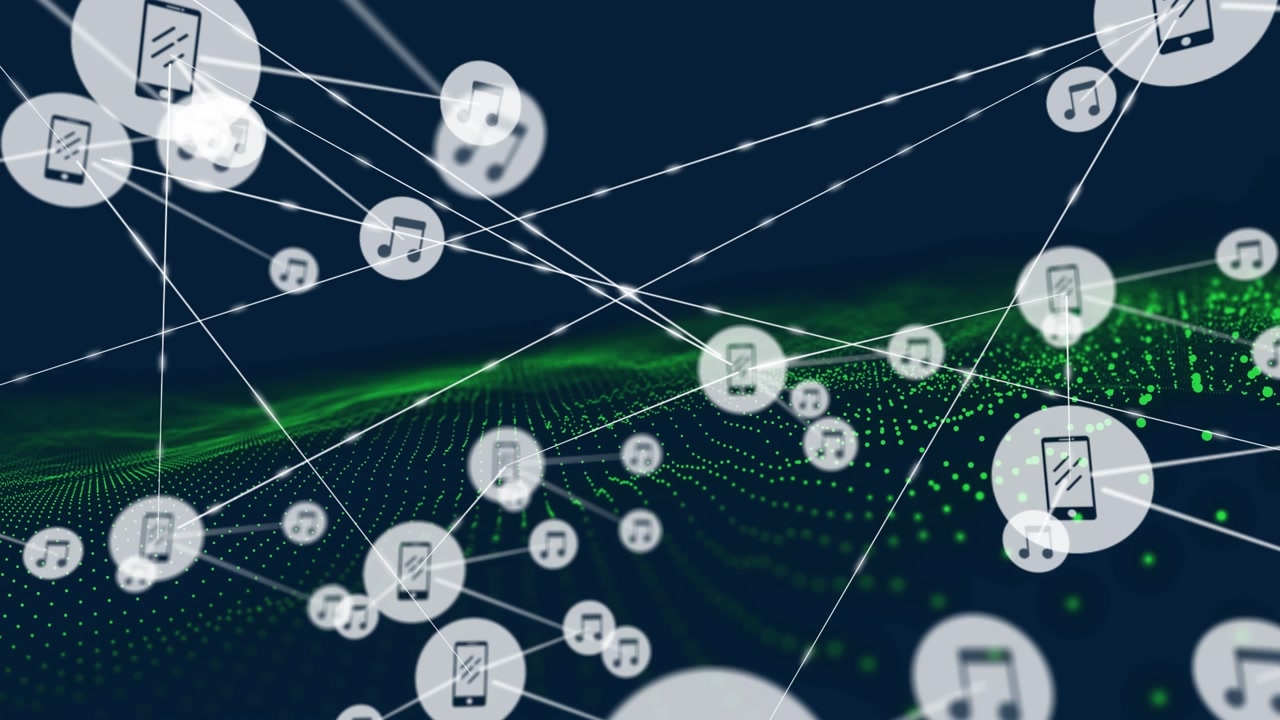 Animation of network of connections over green energy on navy background