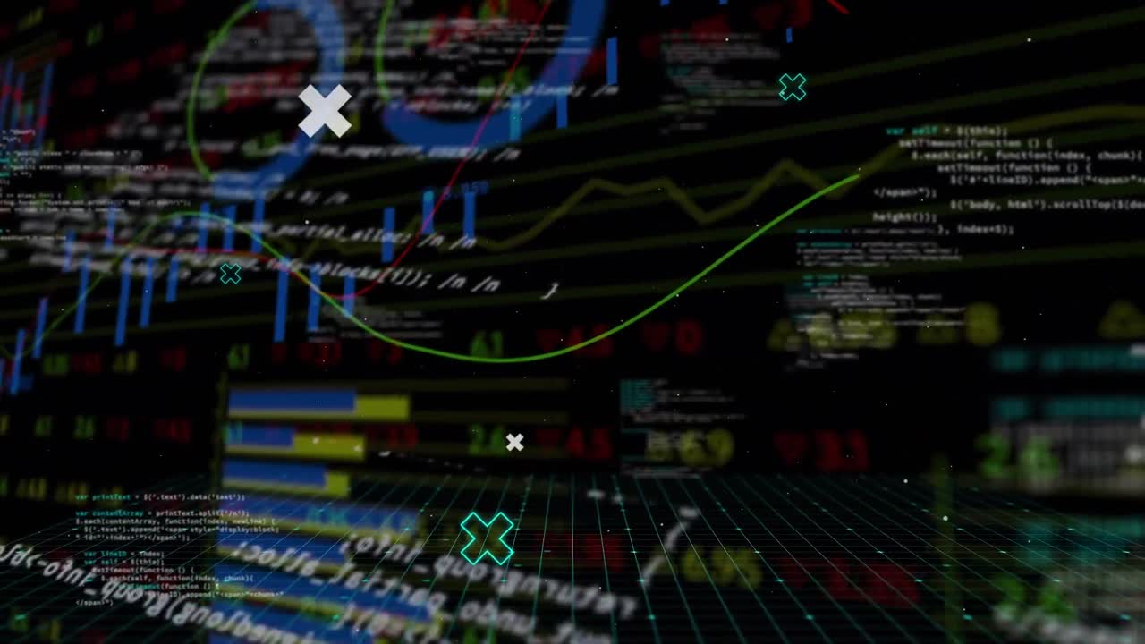 검은색 배경에 있는 데이터 처리 및 다이어그램의 애니메이션