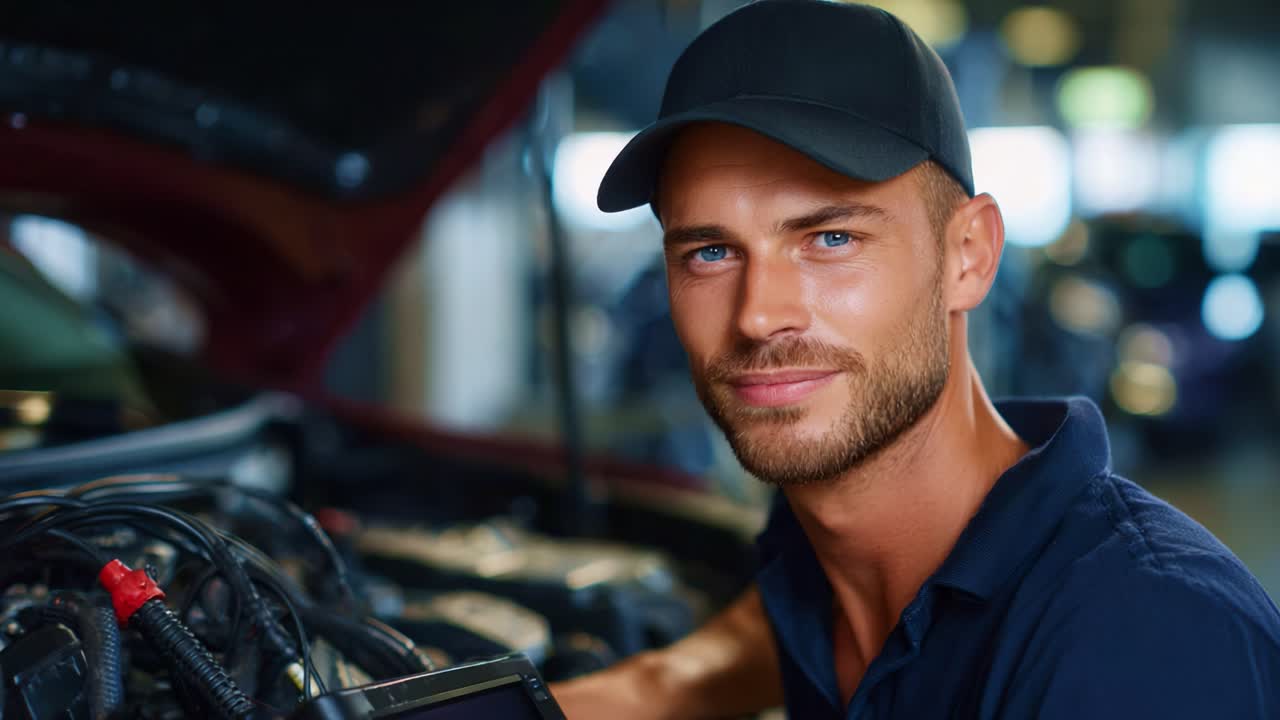 Konzentrierter Kfz-Mechaniker bei der Diagnose eines Automotors, der technisches Fachwissen und Selbstvertrauen in einer modernen Werkstatt demonstriert