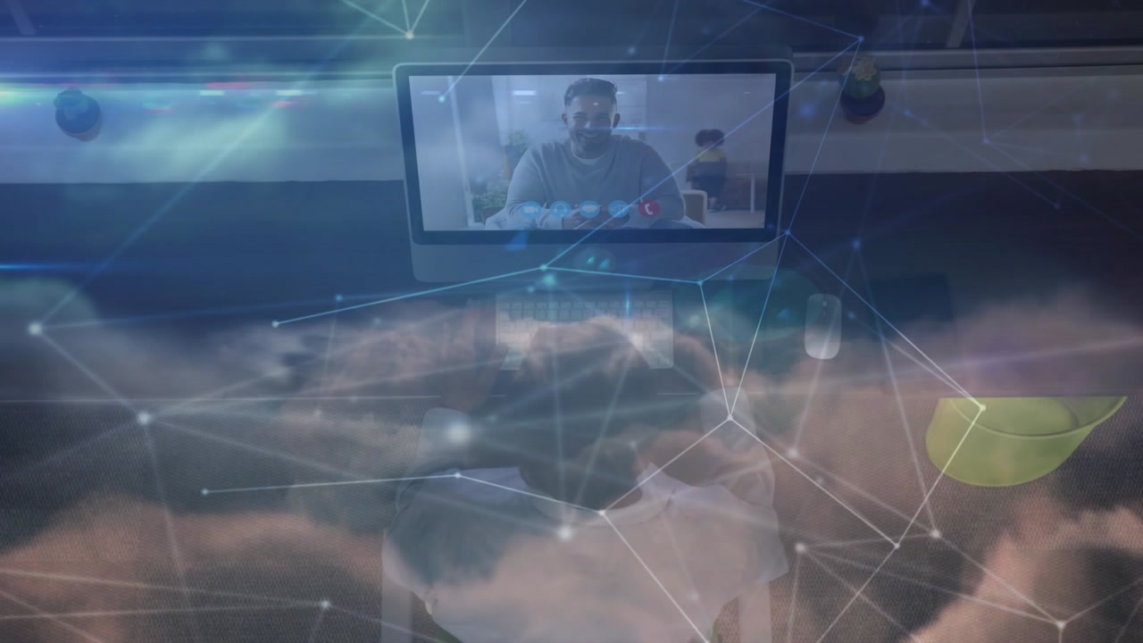 Animazione di rete di connessioni su donna che indossa un visore VR