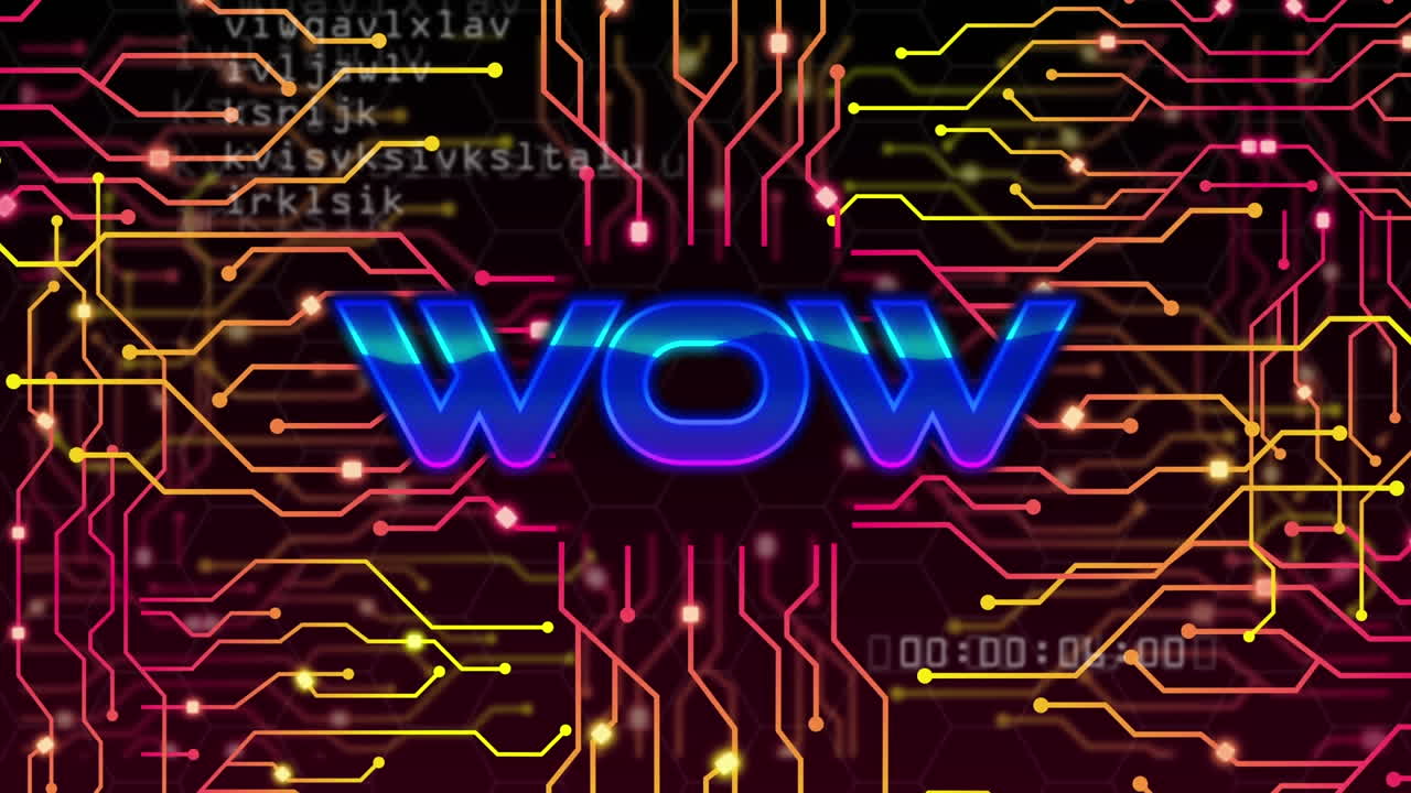 Animation of wow text over data processing and computer circuit board on black background