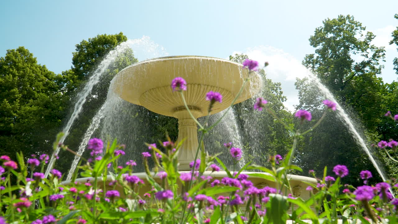 Water arcs gracefully from the Great Fountain in Warsaw's Saxon Garden, set against a sunny blue sky