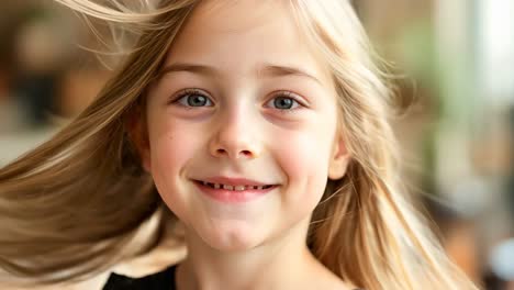 a young girl with long blonde hair smiles at the camera