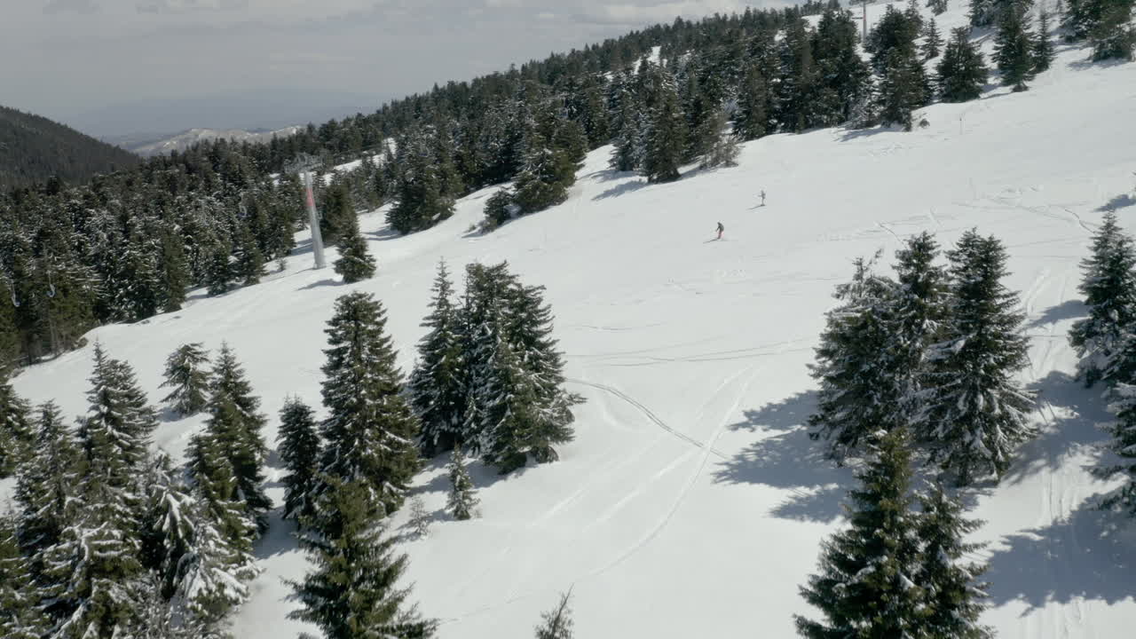 Vista aerea di una pista da sci di montagna innevata con pini e sciatori