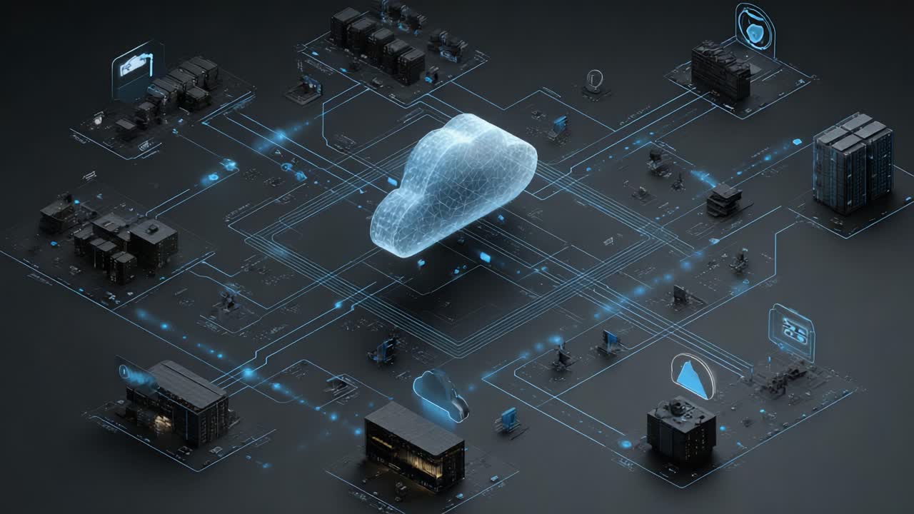 A Comprehensive Visualization of Cloud Computing Architecture Demonstrating Data Flow and Connectivity Between Virtual Nodes in a Modern Digital Network