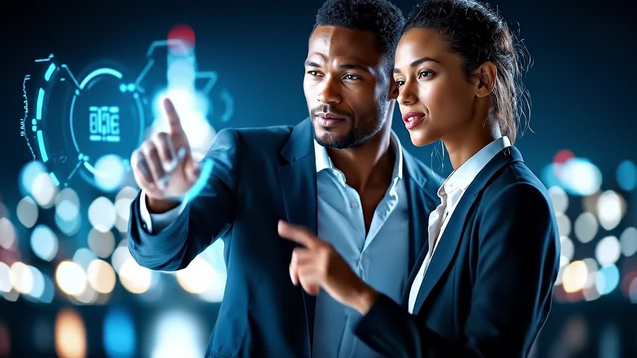 A man and a woman pointing at a futuristic interface