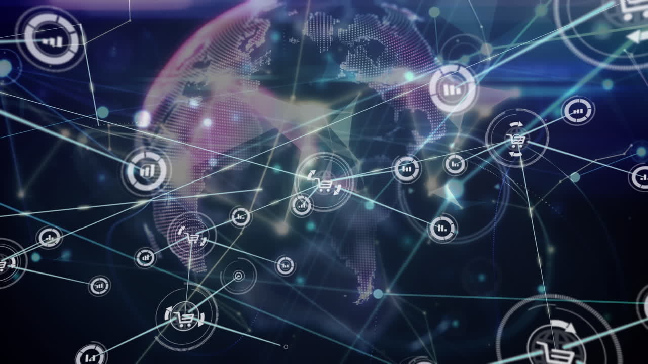 animación de la red de información y iconos de compras que transfieren datos sobre el globo brillante