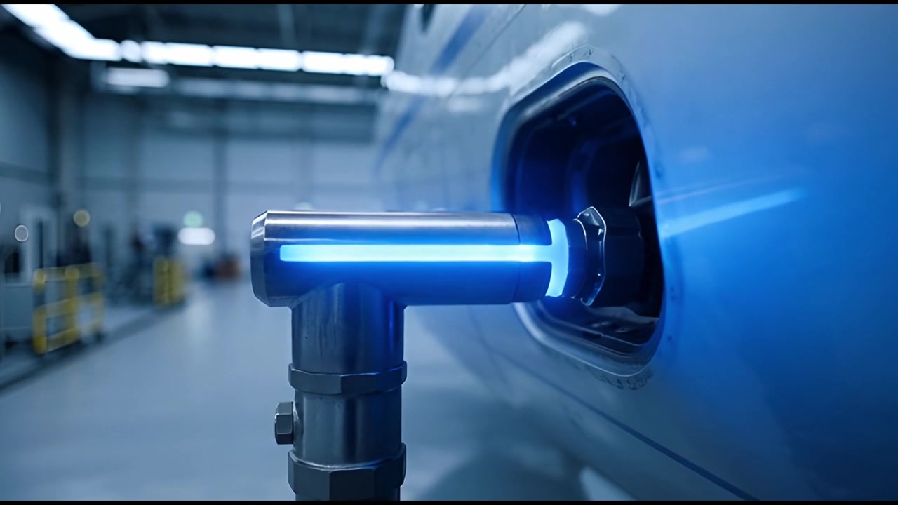 Futuristic Aircraft Charging Nozzle with Glowing Blue Light in Hangar