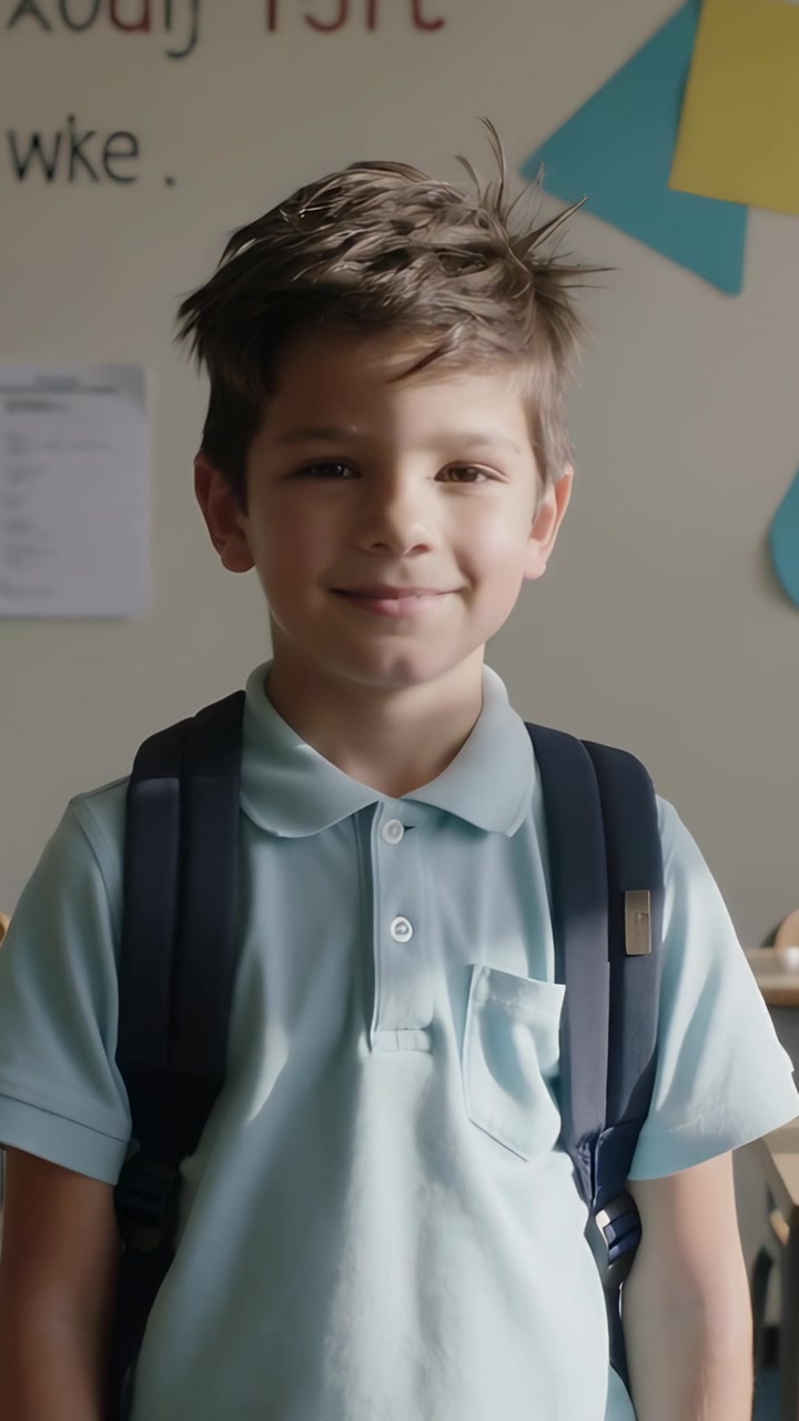 Video verticale: Messa a fuoco della fotocamera, ragazzo in polo blu che passa da un'espressione neutra a un sorriso dolce in classe con lo zaino