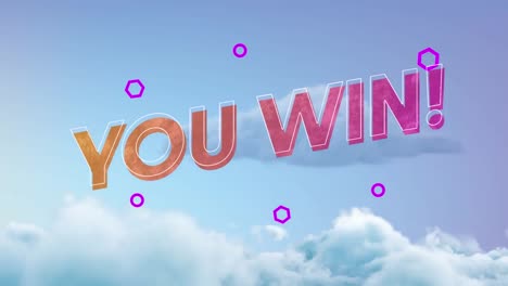 animation of you win text over cloudy blue sky