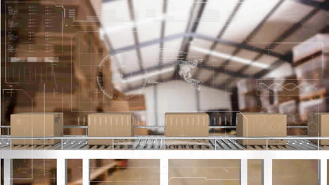 animation of data processing over cardboard boxes on conveyor belt in warehouse