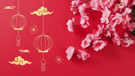 animación de patrón chino y decoración de flores sobre fondo rojo.