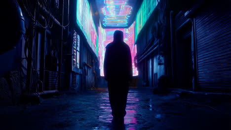 a silhouette walks through a neon-lit urban alleyway