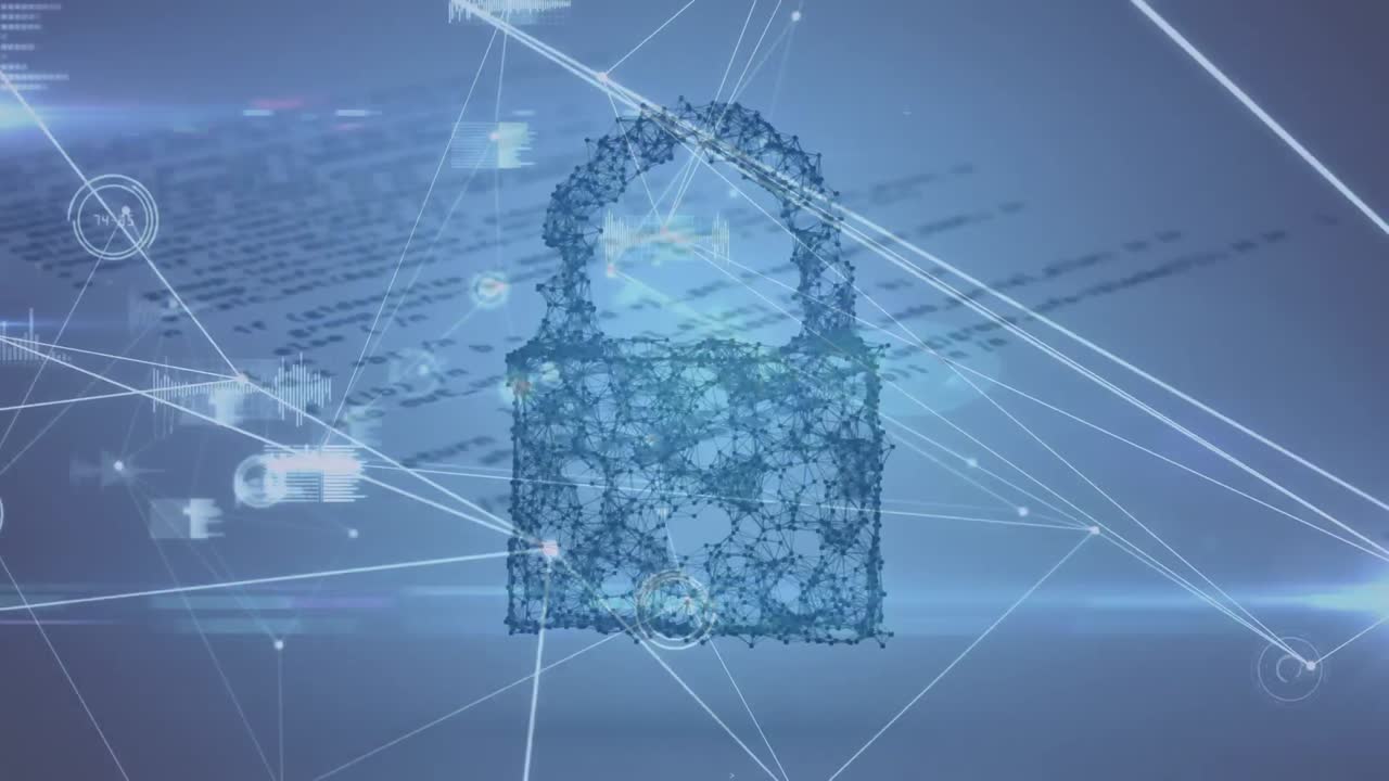 Animation of online security padlock, networks of connections over data processing