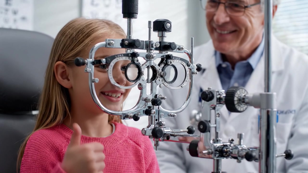 A Young Girl Undergoing an Eye Examination with a Doctor Using Specialized Optical Equipment in a Bright Clinic Environment