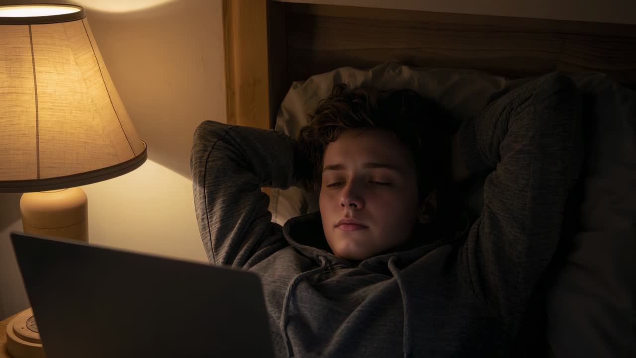 Winding down, laptop and lamp glowing, teenager watching and drifting off in hoodie on bed