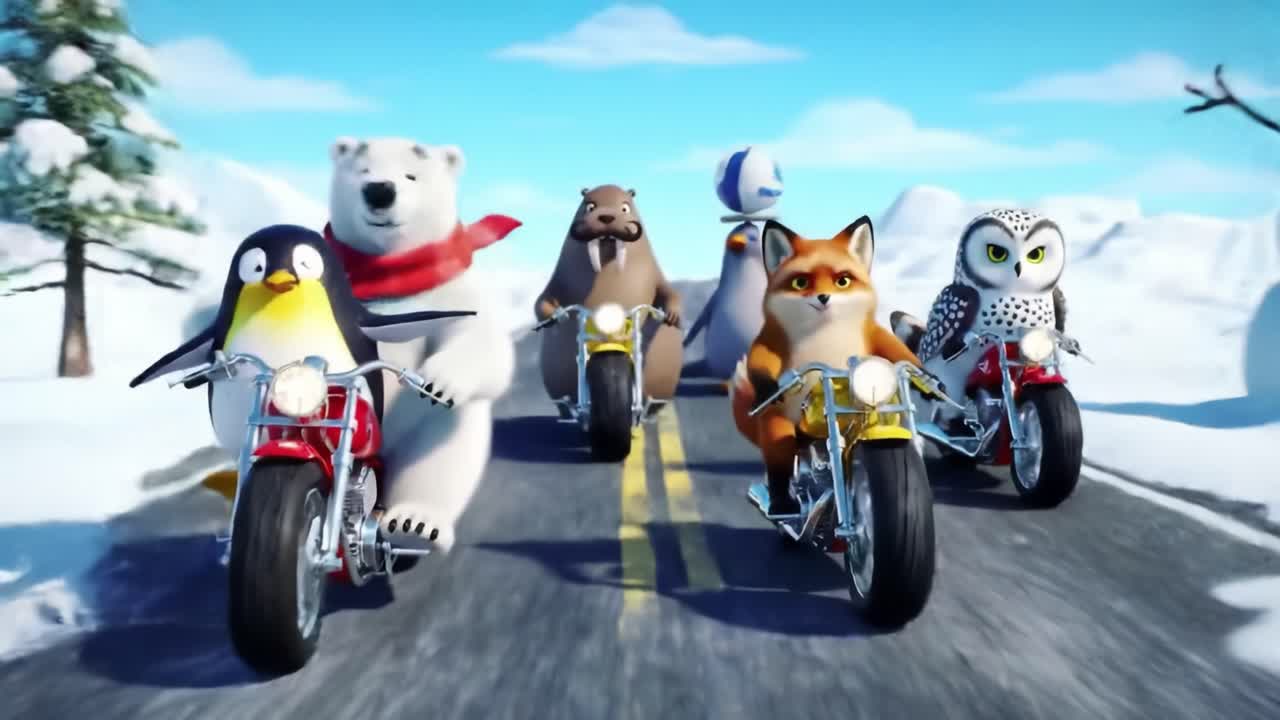 A Thrilling Adventure with Animated Animals Riding Motorcycles Through a Snowy Landscape, Showcasing a Polar Bear, Penguin, Fox, Owl, and More in a Fun-Filled Journey