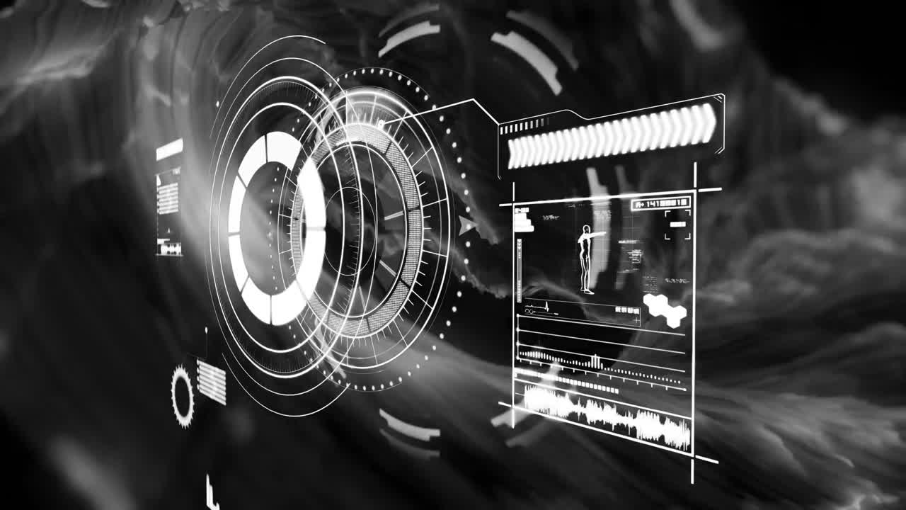 검은 배경 위에 다양한 데이터와 연기의 애니메이션