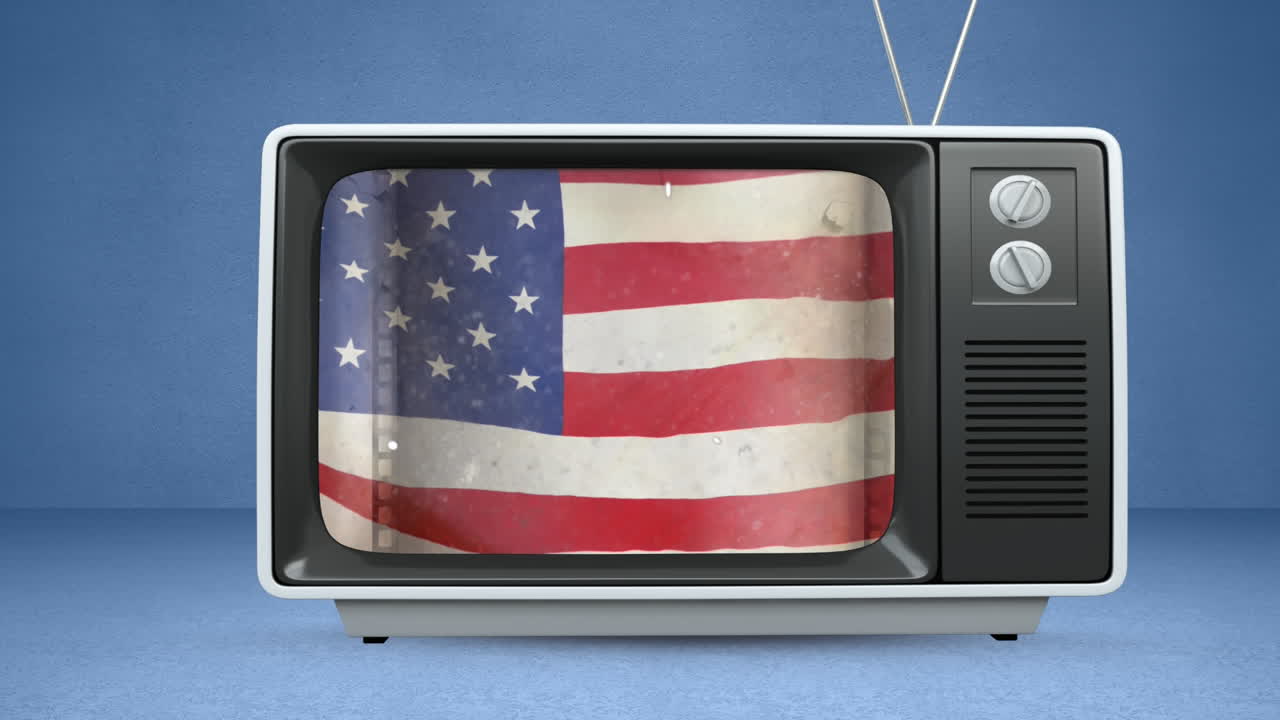animación de la bandera estadounidense en la televisión sobre un fondo azul