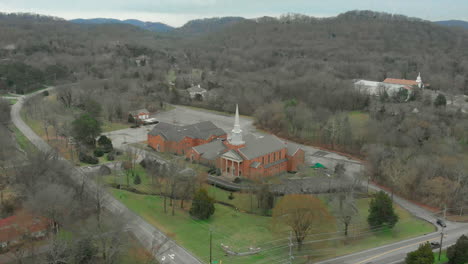 christian church building exterior aerial drone video zooming in