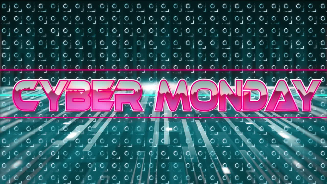 Animation of cyber monday text in pink metallic letters over pattern and neon lines