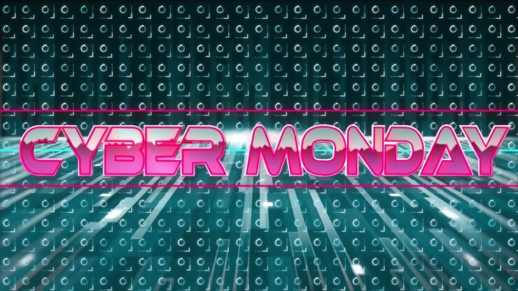 Animation of cyber monday text in pink metallic letters over pattern and neon lines