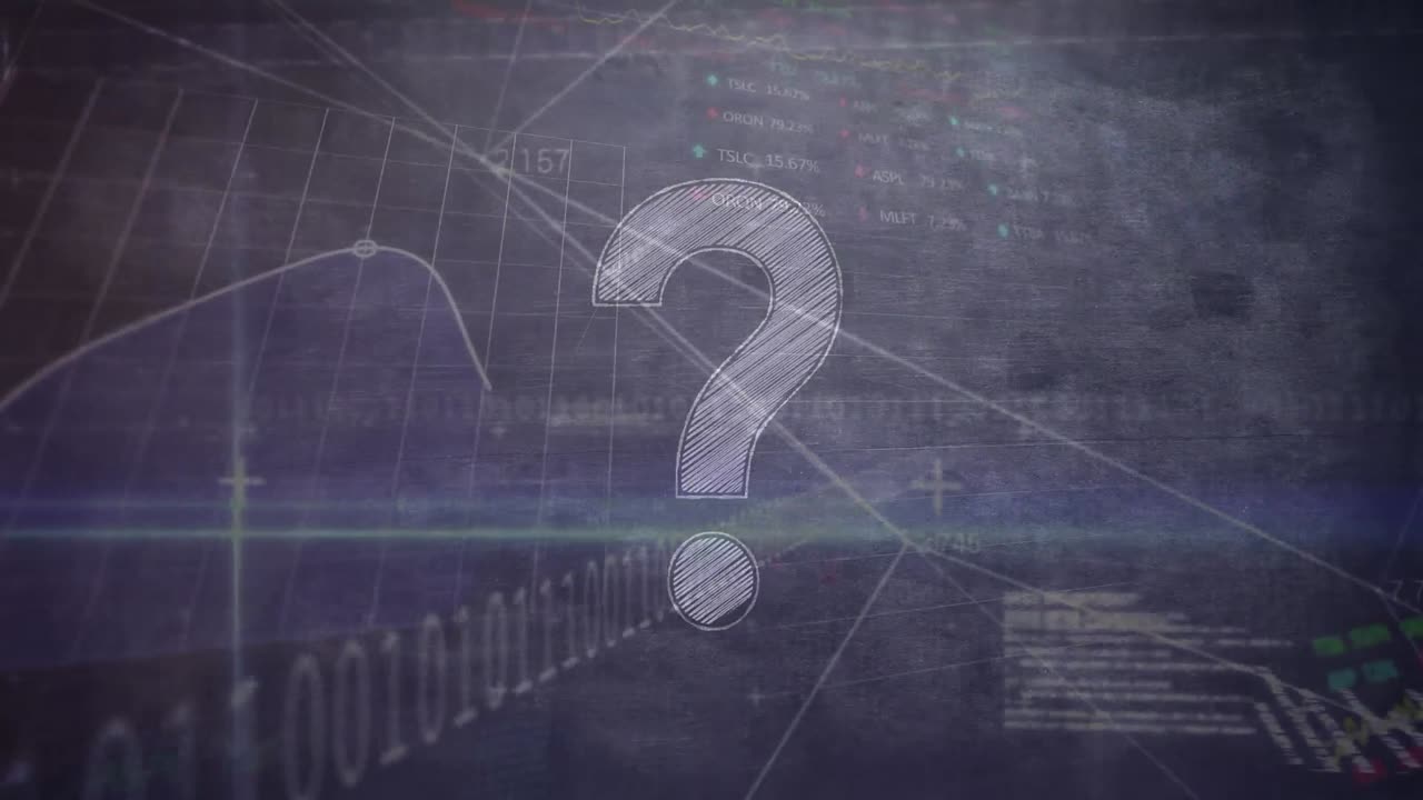 animación del signo de interrogación sobre la pantalla del mercado de valores en el fondo