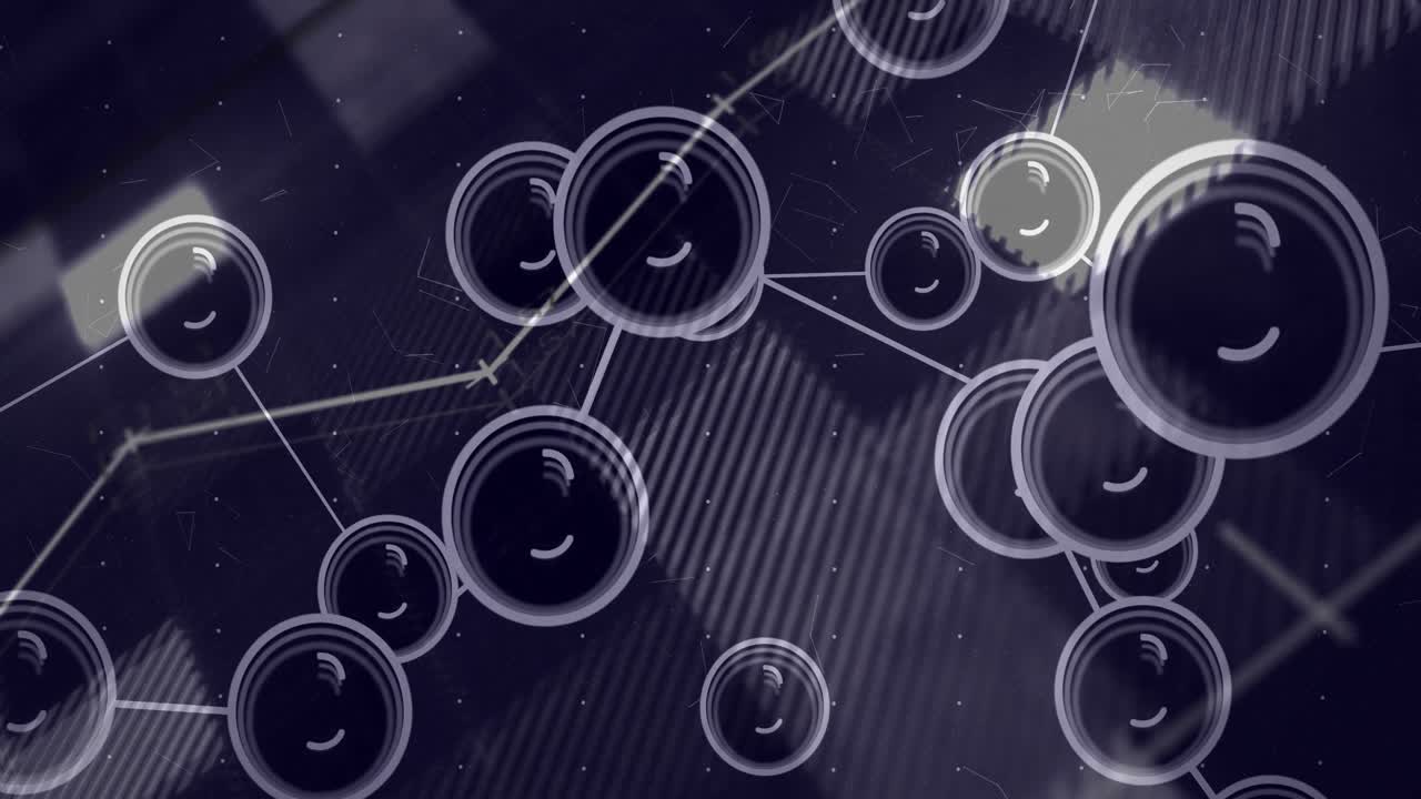 Drifting circles linking nodes into clusters pulsing, visualizing network activity over code