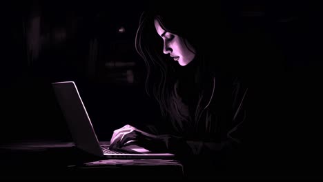 Mujer-Joven,-Escribiendo,-En,-Computador-Portatil,-En,-Habitación-Oscura