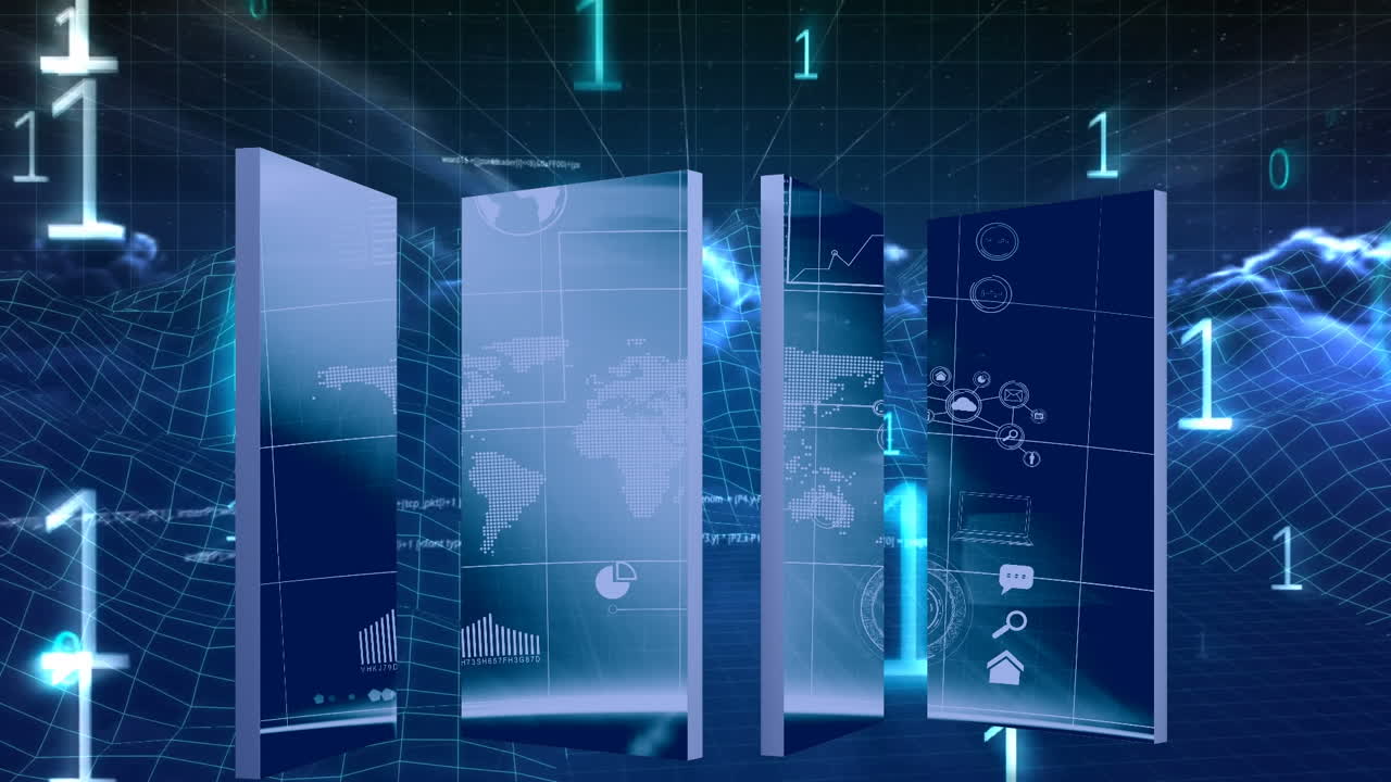 바이너리 코드의 애니메이션, 스크린의 세계 지도 및 메타버스 풍경