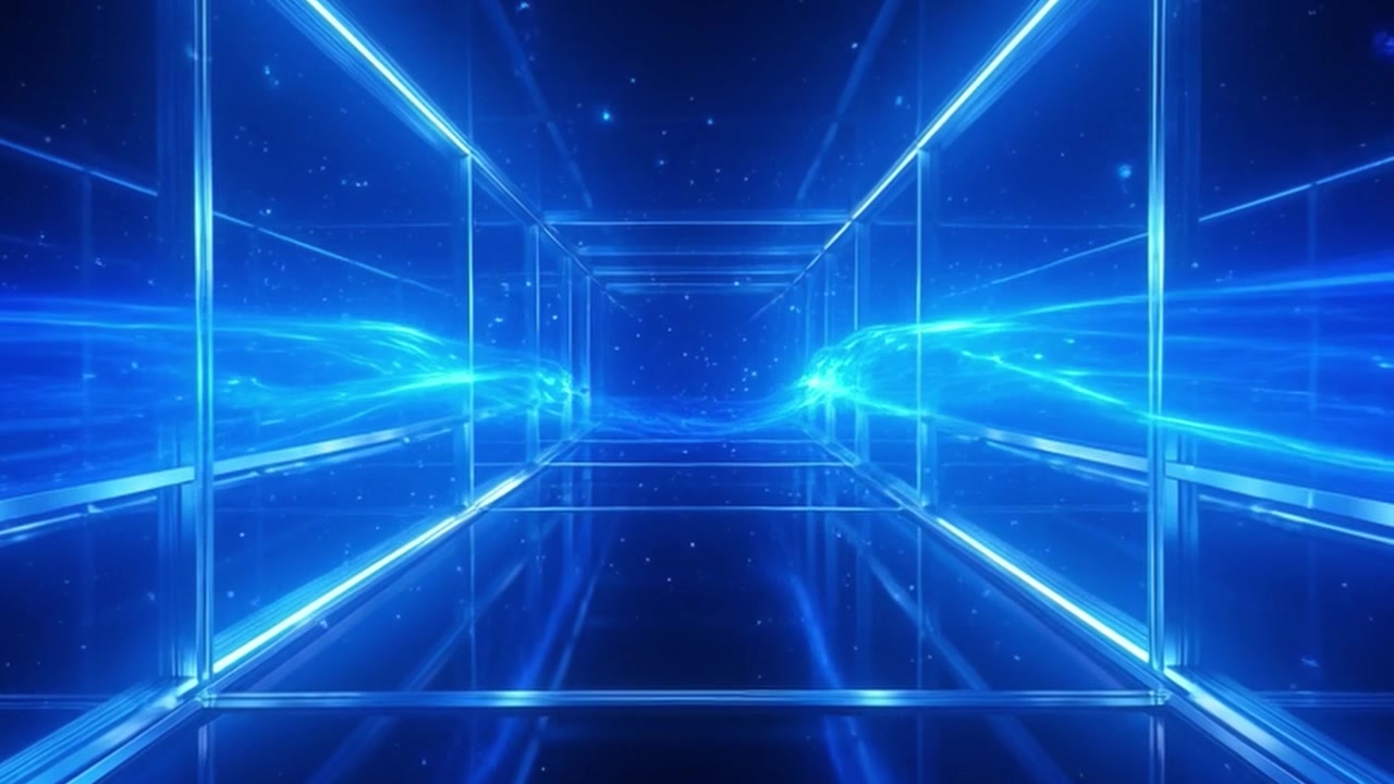 Abstract Blue Neon Light Tunnel with Glowing Energy Waves